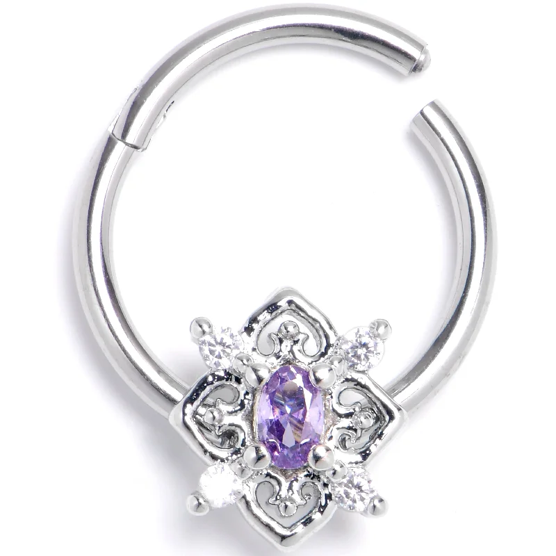 Nose Rings with Glittering Gems -16 Gauge 3/8 Purple Clear Gem Lace Look Hearts Hinged Segment Ring Nose Rings with Glittering Gems -16 Gauge 3/8 Purple Clear Gem Lace Look Hearts Hinged Segment Ring