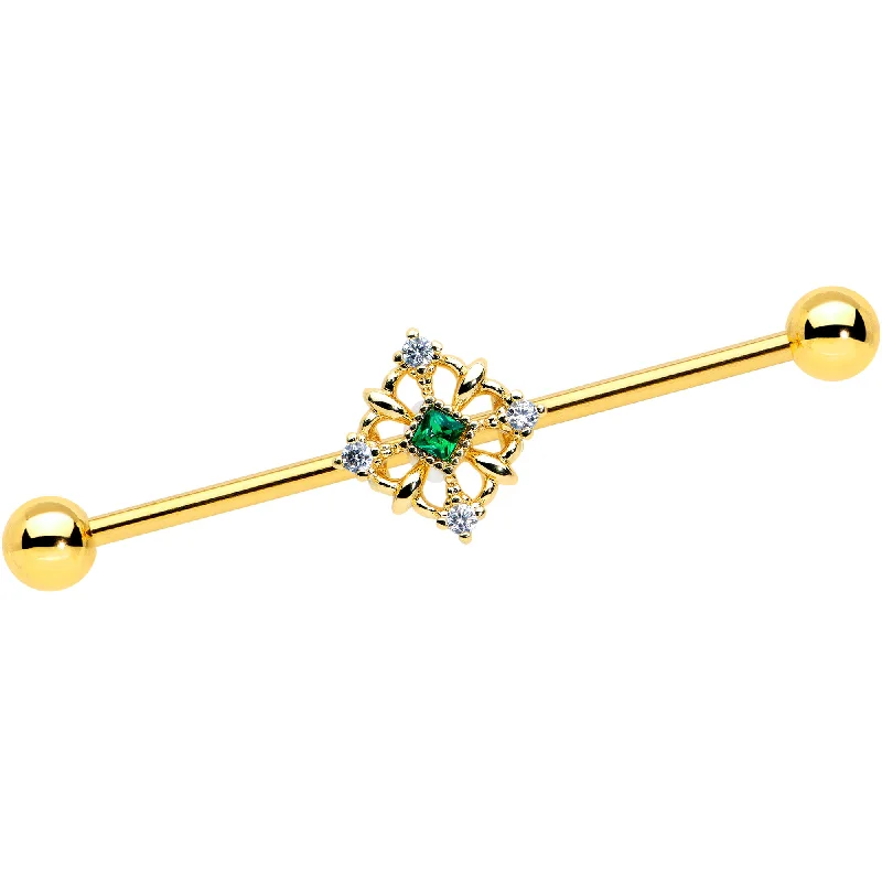 Women's Earrings – Elegant Designs for Every Personality--14 Gauge Green Gem Gold Tone Noble Square Industrial Barbell 38mm Women's Earrings – Elegant Designs for Every Personality--14 Gauge Green Gem Gold Tone Noble Square Industrial Barbell 38mm