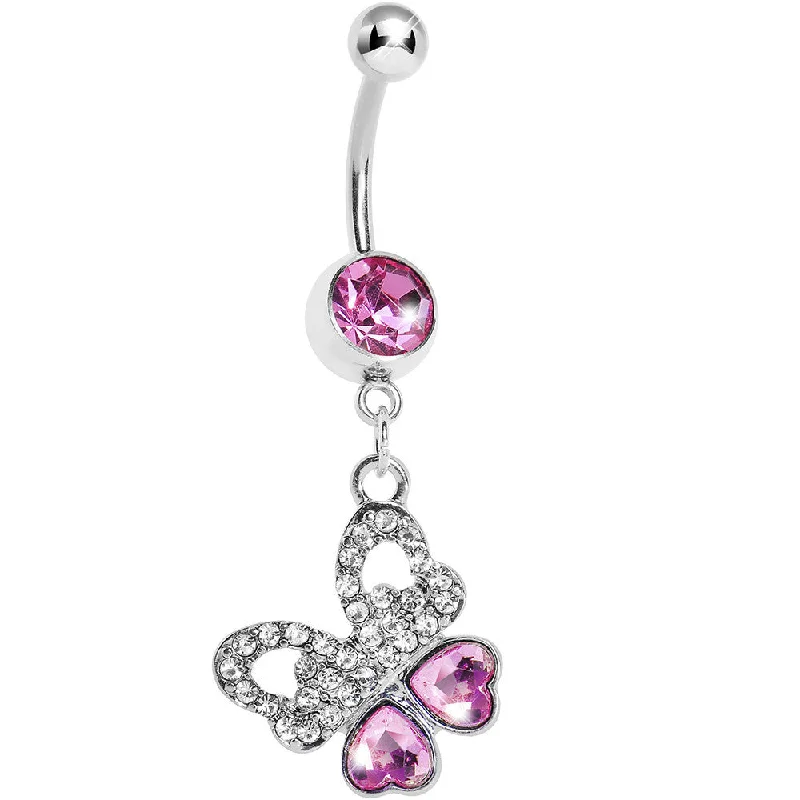 Adjustable Belly Rings for Perfect Fit -Pink Gem Paved Heart Wing Butterfly Belly Ring Adjustable Belly Rings for Perfect Fit -Pink Gem Paved Heart Wing Butterfly Belly Ring