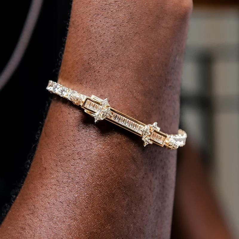 Men's Wooden Bracelets-Iced Baguette Bar Bracelet in Yellow Gold