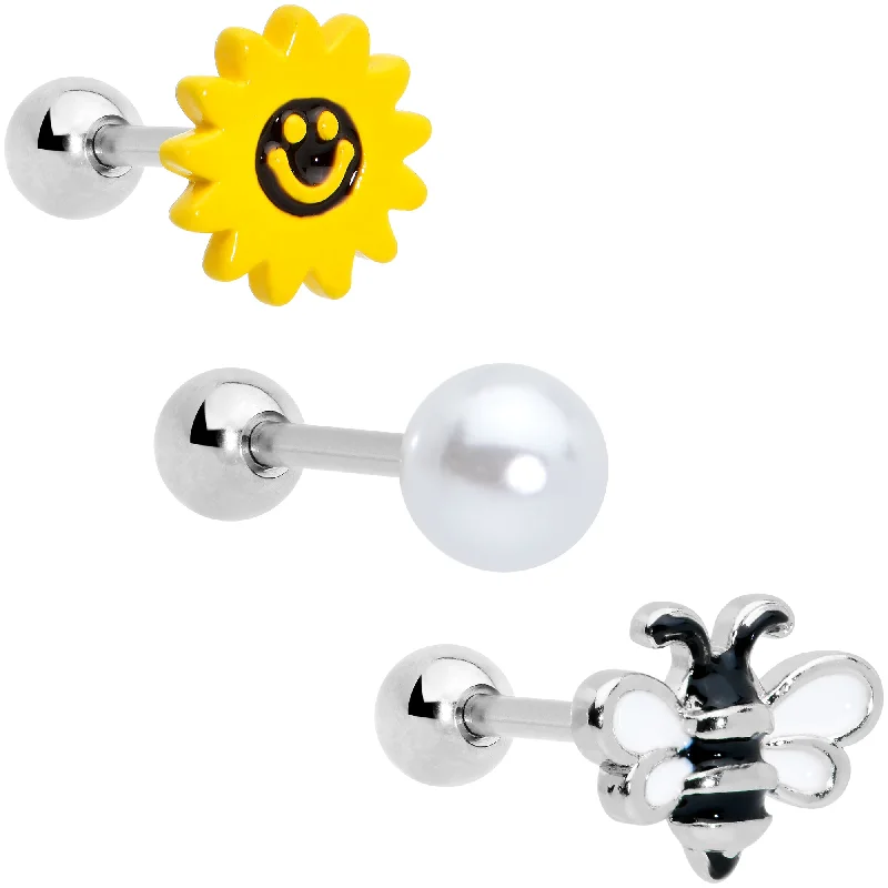 Women's Earrings – Elegant Designs for Every Personality--16 Gauge 1/4 Bee Smile Flower Pearlescent Cartilage Tragus Set of 3 Women's Earrings – Elegant Designs for Every Personality--16 Gauge 1/4 Bee Smile Flower Pearlescent Cartilage Tragus Set of 3