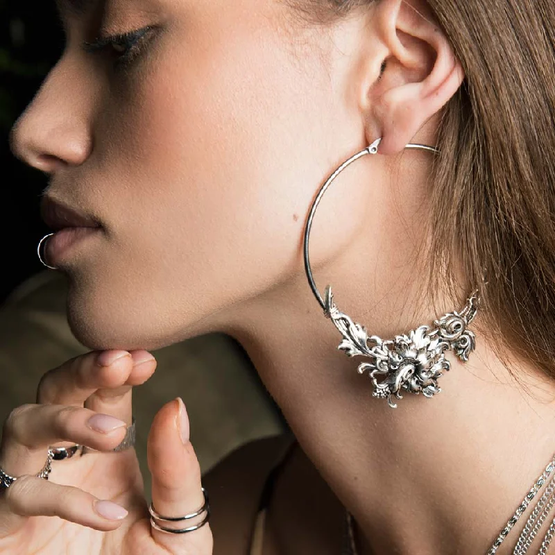 Women's Earrings – Elegant Designs for Every Personality--PARADISE. Ornate Floral Hoop Earrings - Silver Women's Earrings – Elegant Designs for Every Personality--PARADISE. Ornate Floral Hoop Earrings - Silver