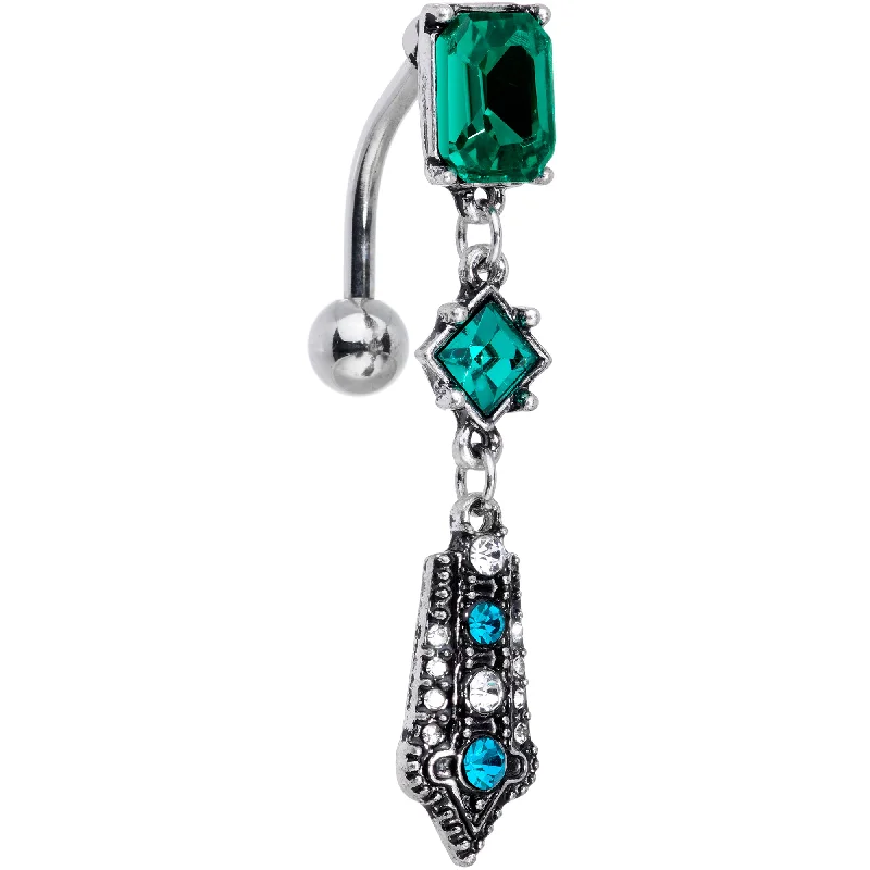 Comfortable Belly Rings for Smooth Feel -Green Clear Gem Art Deco Geometric Top Mount Dangle Belly Ring