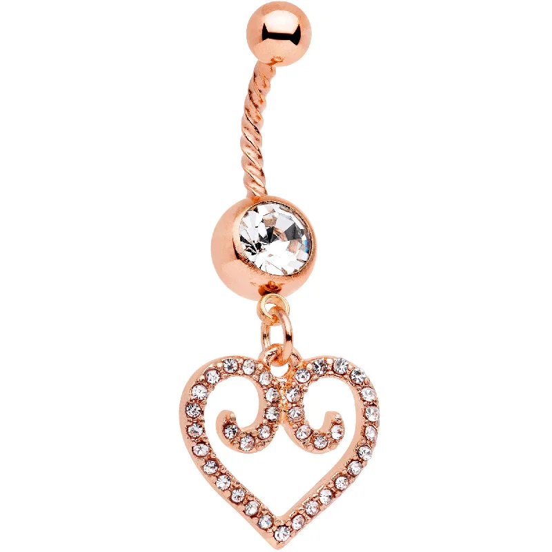 Trendy Belly Rings for Bold Fashionistas -Clear Gem Rose Gold Tone Regal Heart Twisted Dangle Belly Ring