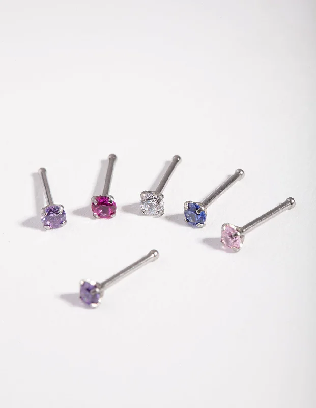 Simple Gold Nose Rings -Surgical Steel Diamante Nose Stud 6-Pack