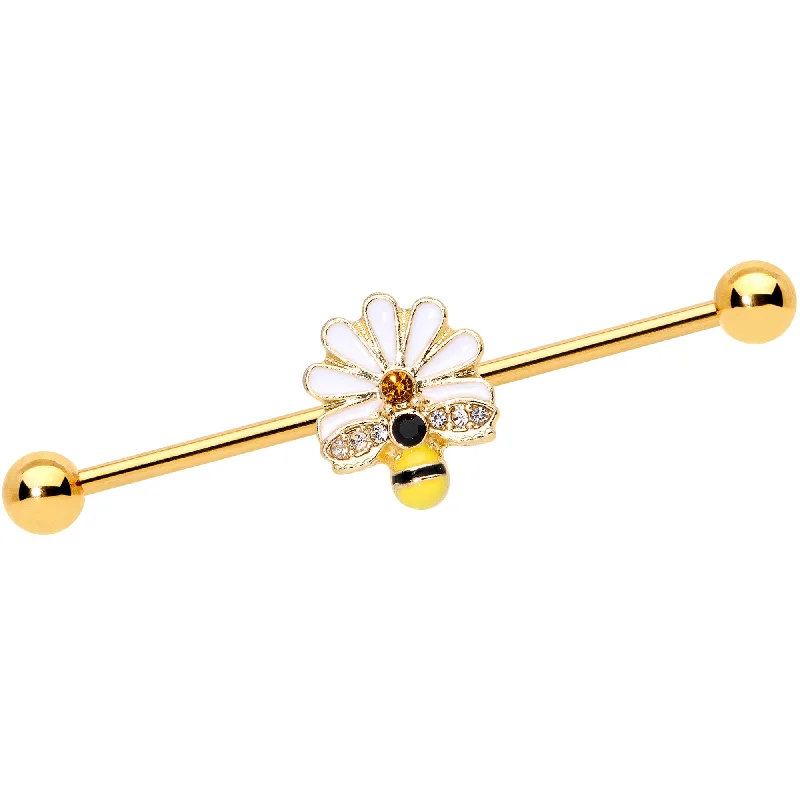 Women's Earrings – Elegant Designs for Every Personality--14 Gauge Gold Tone Flower Daisy Bee Industrial Barbell 38mm
