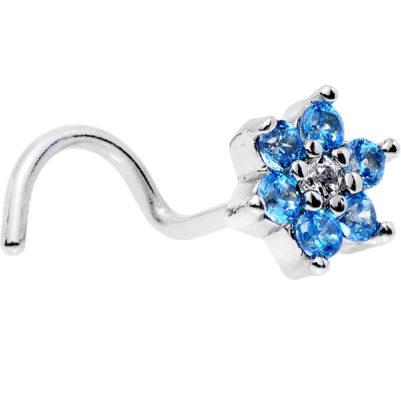 Designer Nose Rings for Chic Looks -20 Gauge 1/4 Aqua Blue and Clear CZ Gem Flower Right Nose Screw