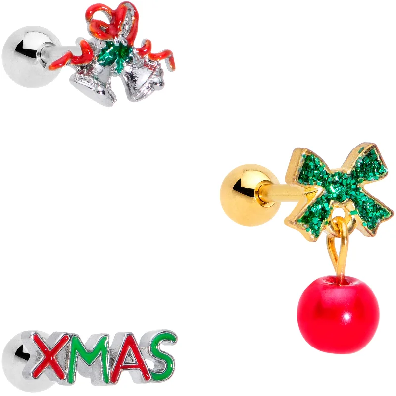 Women's Earrings – Elegant Designs for Every Personality--16 Gauge 1/4 Merry Christmas Cartilage Tragus Set of 3 Women's Earrings – Elegant Designs for Every Personality--16 Gauge 1/4 Merry Christmas Cartilage Tragus Set of 3