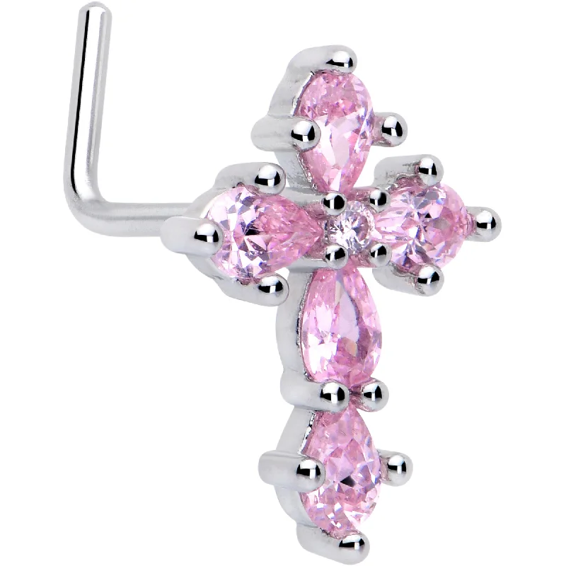 Designer Nose Rings for Elegant Women -20 Gauge 7mm Pink CZ Gem Classic Cross L Shape Nose Ring Designer Nose Rings for Elegant Women -20 Gauge 7mm Pink CZ Gem Classic Cross L Shape Nose Ring