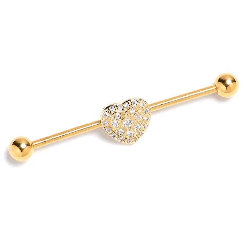 Women's Earrings – Elegant Designs for Every Personality--14 Gauge Clear Gem Gold Tone Ultra Luxe Heart Industrial Barbell 38mm