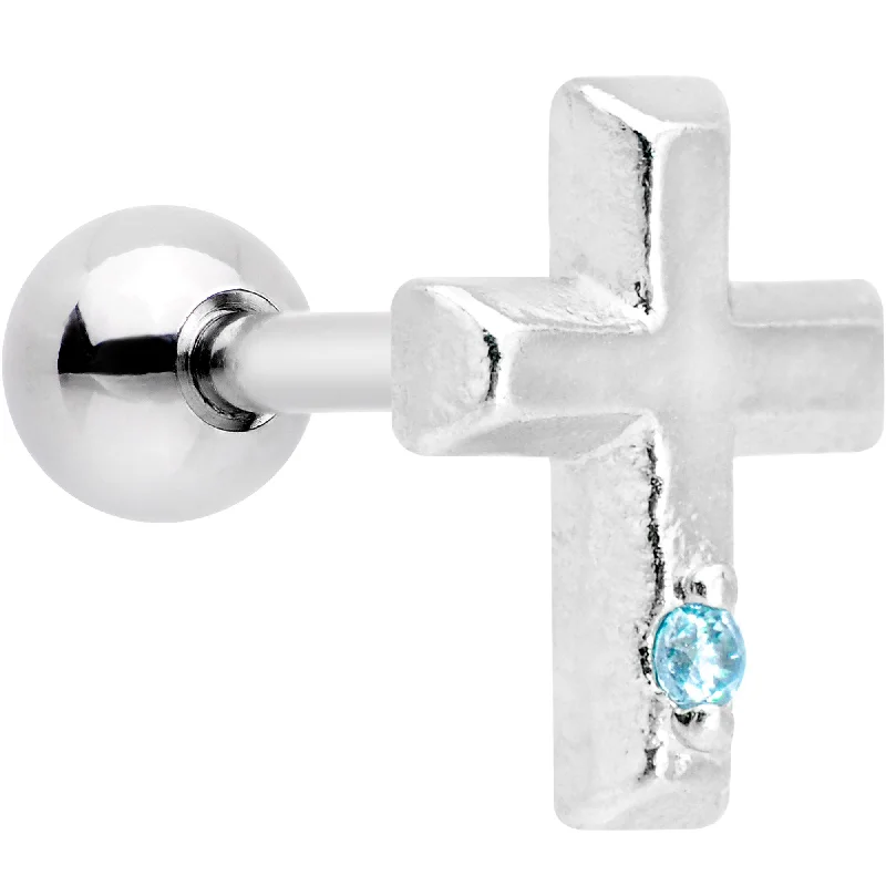 Women's Earrings – Elegant Designs for Every Personality--1/4 Aqua CZ Gem Embossed Cross Tragus Cartilage Earring Women's Earrings – Elegant Designs for Every Personality--1/4 Aqua CZ Gem Embossed Cross Tragus Cartilage Earring