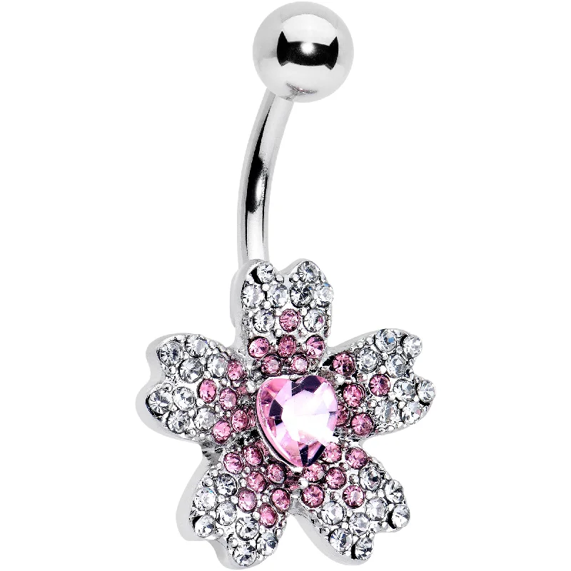Designer Belly Rings for High-End Fashion -Clear Pink Gem Heart in Flower Belly Ring Designer Belly Rings for High-End Fashion -Clear Pink Gem Heart in Flower Belly Ring