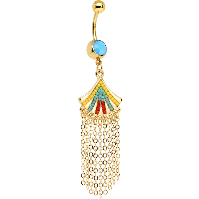 Comfortable Belly Rings for Active Lifestyles -Yellow Blue Red Orb Gold Plated Fancy Fan Chandelier Dangle Belly Ring Comfortable Belly Rings for Active Lifestyles -Yellow Blue Red Orb Gold Plated Fancy Fan Chandelier Dangle Belly Ring