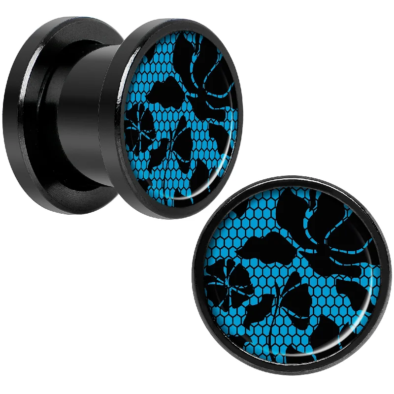 Women's Earrings – Elegant Designs for Every Personality--Blue Floral Lace Black Anodized Screw Fit Plug Set 00 Gauge Women's Earrings – Elegant Designs for Every Personality--Blue Floral Lace Black Anodized Screw Fit Plug Set 00 Gauge