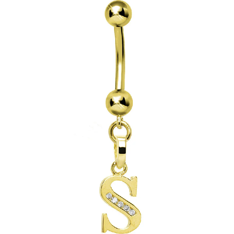 Elegant Belly Rings with Glittering Gems -16 Gauge Solid 14kt Yellow Gold CZ Initial S Belly Ring Elegant Belly Rings with Glittering Gems -16 Gauge Solid 14kt Yellow Gold CZ Initial S Belly Ring