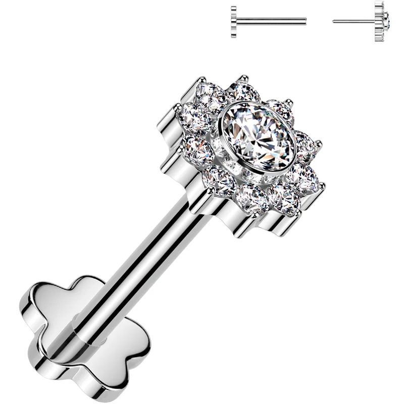 Women's Earrings – Elegant Designs for Every Personality--18 Gauge 5/16 CZ Gem Flower Duo Medical Grade Titanium Reversible Flat Back Earring