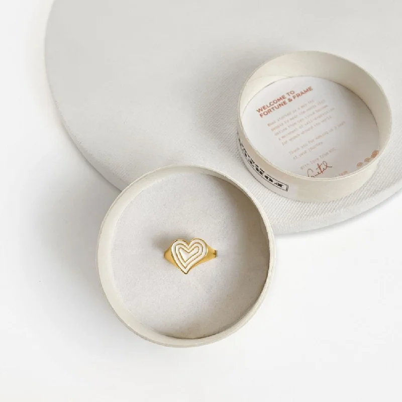 Chic Women's Rings for Fashion-Forward Looks-Deco Heart Signet Ring (Ivory) - Gold