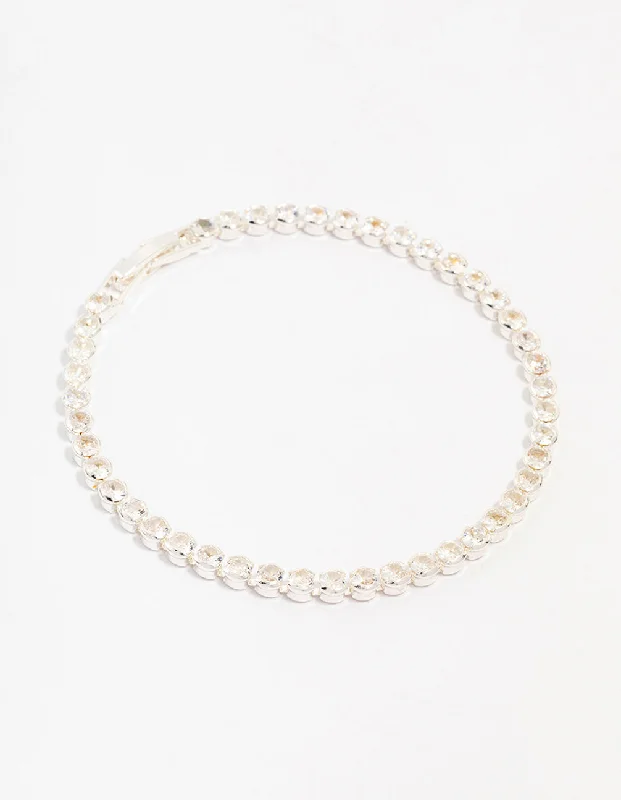 Large Beaded Bangles for Women-Silver Plated Brass  Single Classic Tennis Bracelet