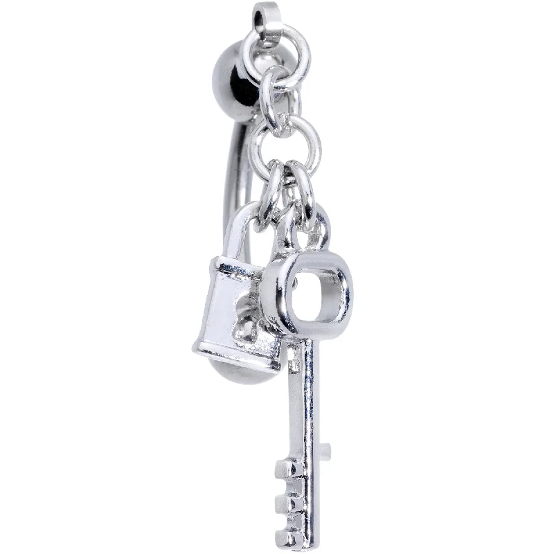 Stylish Belly Rings for Fashion-Forward Women -Lockdown Pad Lock and Bit Key Reversible Top Mount Dangle Belly Ring Stylish Belly Rings for Fashion-Forward Women -Lockdown Pad Lock and Bit Key Reversible Top Mount Dangle Belly Ring
