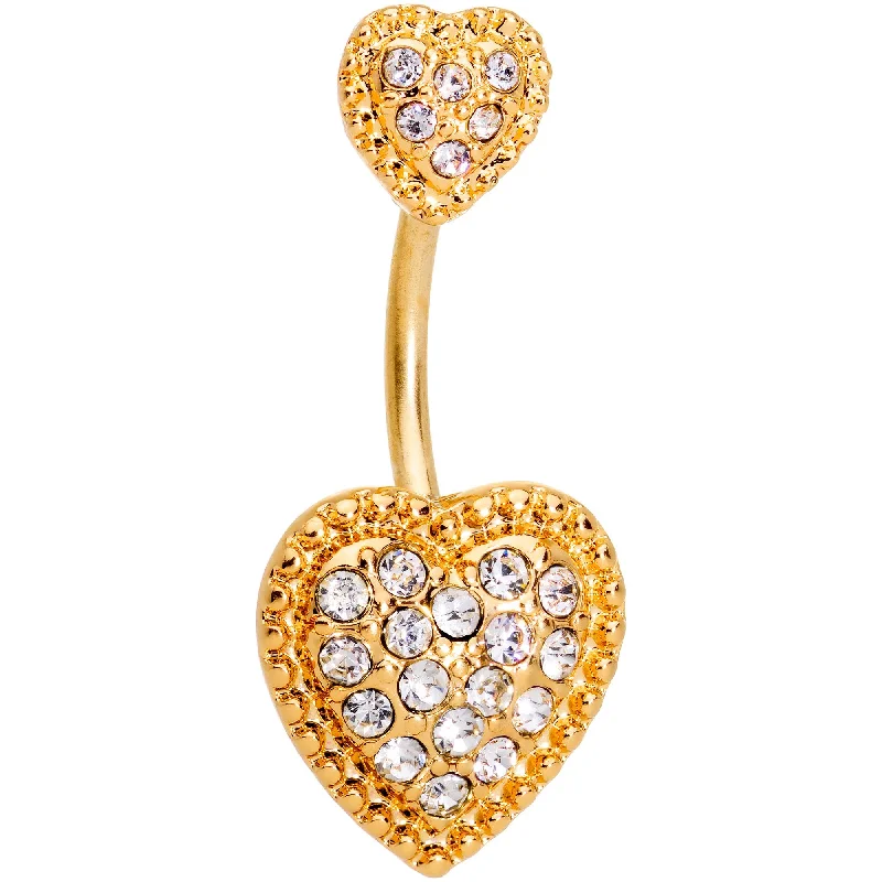 Comfortable Belly Rings for Everyday Use -Clear CZ Gem Gold Tone Art Deco Heart Double Mount Belly Ring Comfortable Belly Rings for Everyday Use -Clear CZ Gem Gold Tone Art Deco Heart Double Mount Belly Ring