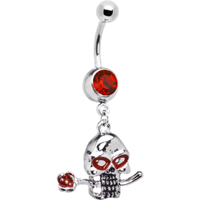 Belly Rings with Gemstone Detailing for Special Touch -Ruby Red Gem Rose Flower Skull Dangle Belly Ring Belly Rings with Gemstone Detailing for Special Touch -Ruby Red Gem Rose Flower Skull Dangle Belly Ring