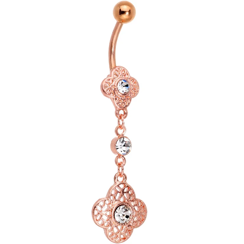 Comfortable Belly Rings for Statement Fashion -Clear Gem Rose Gold Tone Web of Delight Dangle Belly Ring Comfortable Belly Rings for Statement Fashion -Clear Gem Rose Gold Tone Web of Delight Dangle Belly Ring