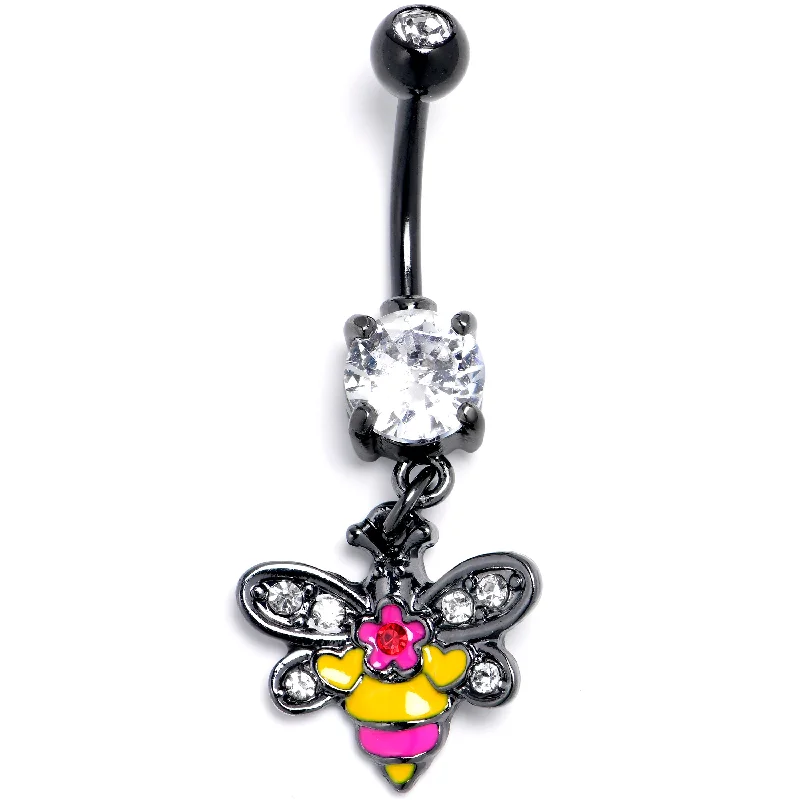 Belly Rings with Gemstone Detailing for Special Touch -Clear CZ Gem Black Bright Bee Beauty Dangle Belly Ring Belly Rings with Gemstone Detailing for Special Touch -Clear CZ Gem Black Bright Bee Beauty Dangle Belly Ring