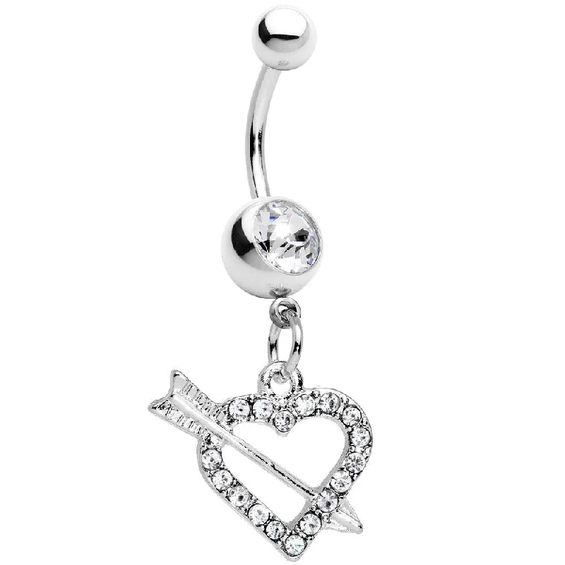 Unique Belly Rings with Sparkling Stones -Clear Paved Impaled Heart Dangle Belly Ring Unique Belly Rings with Sparkling Stones -Clear Paved Impaled Heart Dangle Belly Ring