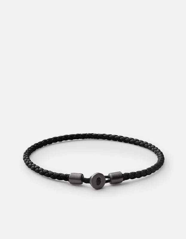 Personalized Leather Bracelets for Men-Nexus Leather Bracelet, Matte Black Rhodium