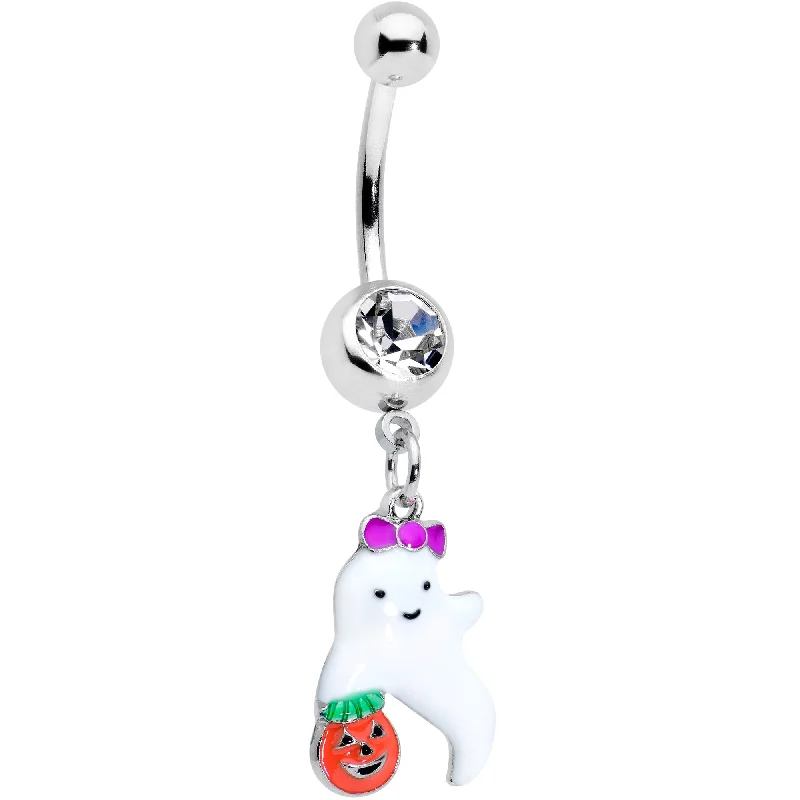 Unique Belly Rings with Personalized Touch -Clear Gem Trick or Treat Purple Bow Ghost Halloween Dangle Belly Ring Unique Belly Rings with Personalized Touch -Clear Gem Trick or Treat Purple Bow Ghost Halloween Dangle Belly Ring