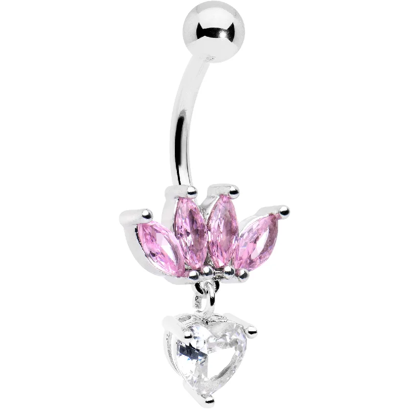 Unique Belly Rings for Bold Fashion -Clear Pink CZ Gem Crown And Heart Dangle Belly Ring Unique Belly Rings for Bold Fashion -Clear Pink CZ Gem Crown And Heart Dangle Belly Ring