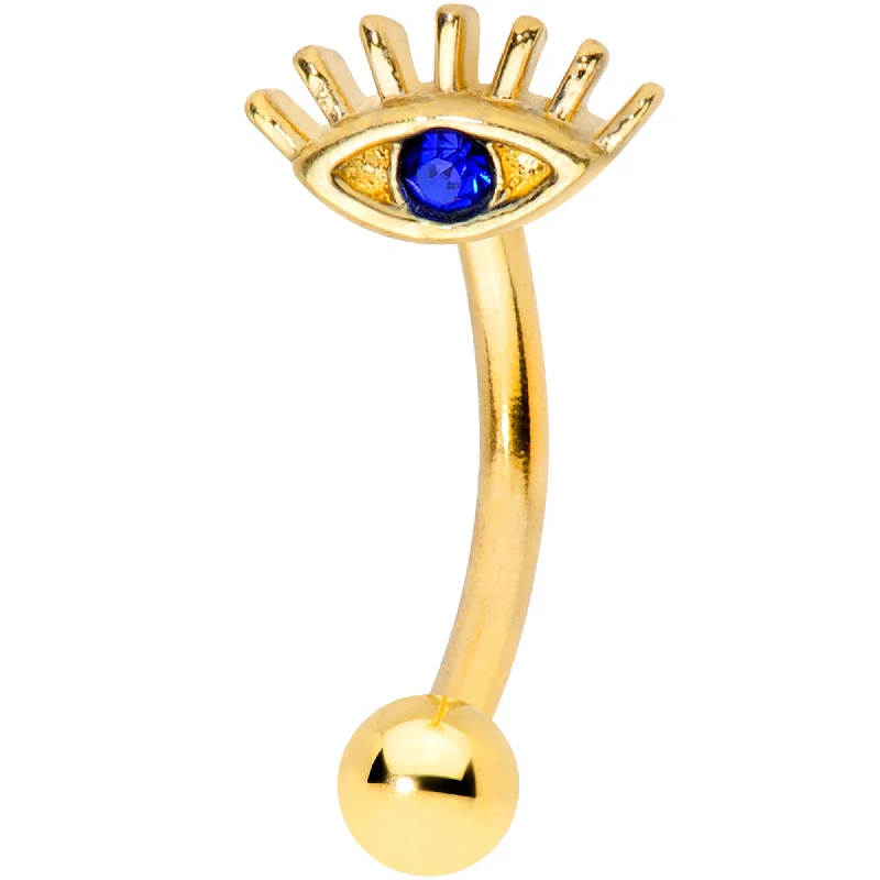 Women's Earrings – Elegant Designs for Every Personality--16 Gauge 5/16 Blue Gem Gold Tone Wide Eye Curved Eyebrow Ring