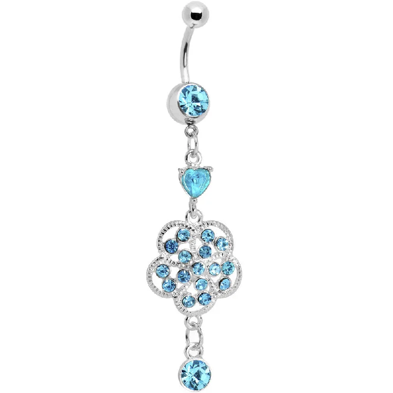 Custom Belly Rings for Unique Appeal -Aqua Gem Floral Enchantment Dangle Belly Ring
