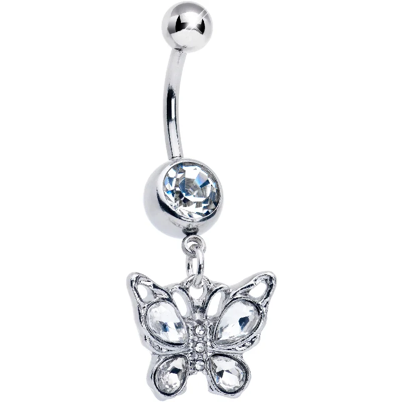 Belly Rings for Edgy Fashion -Clear Gem Butterfly Beauty Bling Dangle Belly Ring
