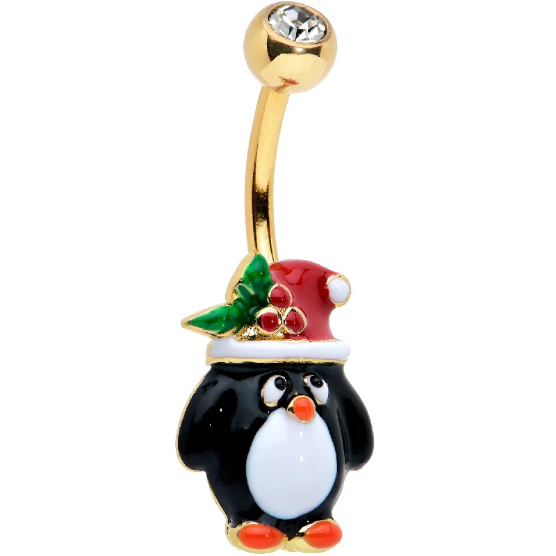 Belly Rings with Glamorous Shine for Bold Look -Clear Gem Gold Tone Holly Hat Penguin Holiday Belly Ring Belly Rings with Glamorous Shine for Bold Look -Clear Gem Gold Tone Holly Hat Penguin Holiday Belly Ring