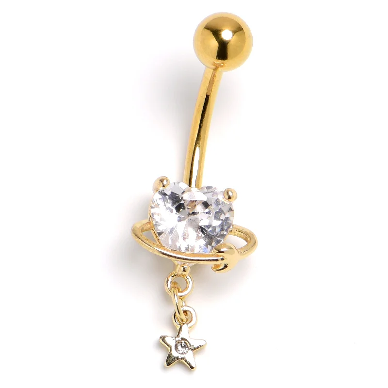 Sparkling Belly Rings for Chic Fashion -Gold Tone CZ Gem Celestial Starry Heart Dangle Belly Ring Sparkling Belly Rings for Chic Fashion -Gold Tone CZ Gem Celestial Starry Heart Dangle Belly Ring