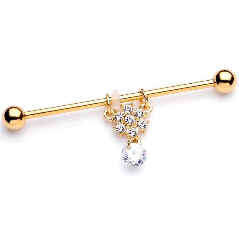 Women's Earrings – Elegant Designs for Every Personality--14 Gauge Clear Gem Gold Tone Regal Crest Dangle Industrial Barbell 38mm