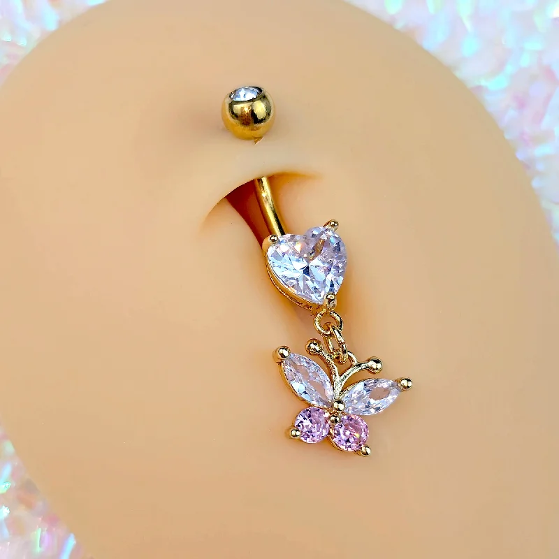Stunning Belly Rings for Glamorous Fashion -Clear Pink Gem Gold Tone Love Butterfly Dangle Belly Ring Stunning Belly Rings for Glamorous Fashion -Clear Pink Gem Gold Tone Love Butterfly Dangle Belly Ring