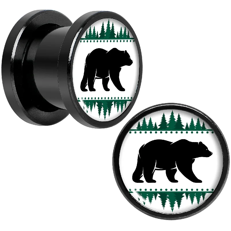 Women's Earrings – Elegant Designs for Every Personality--Winter Polar Bear in Woods Black Screw Fit Plug Set Sizes 5mm to 20mm