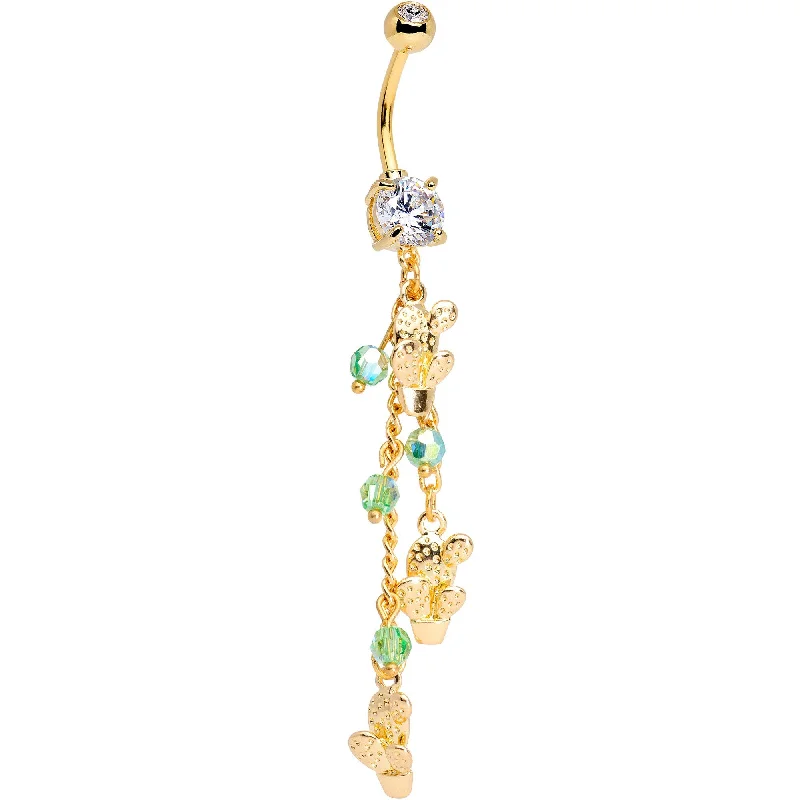 Stylish Belly Rings with Radiant Stones -Handcrafted Clear Green Gem Gold Tone Thirsty Cactus Dangle Belly Ring Stylish Belly Rings with Radiant Stones -Handcrafted Clear Green Gem Gold Tone Thirsty Cactus Dangle Belly Ring