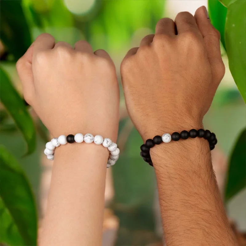 Cool Leather Cuff Bracelets for Men-Couple Howlite and Black Onyx Bracelet