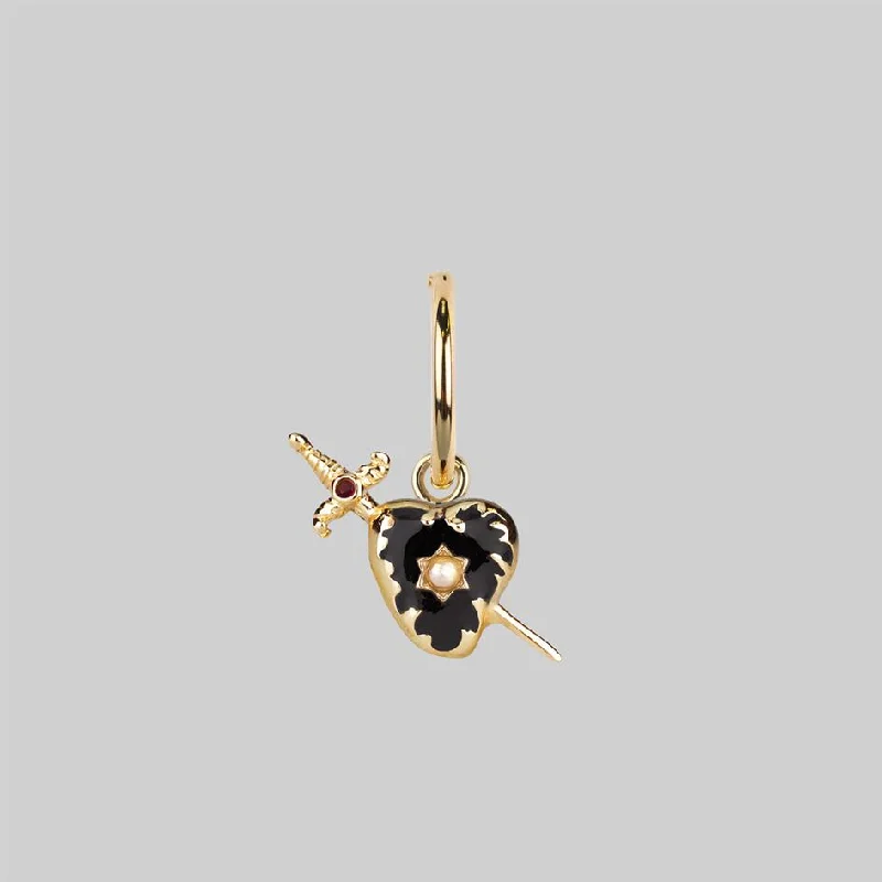 Women's Earrings – Elegant Designs for Every Personality--DEVOTION. Black Heart & Sword Hoop Earrings - Gold Women's Earrings – Elegant Designs for Every Personality--DEVOTION. Black Heart & Sword Hoop Earrings - Gold