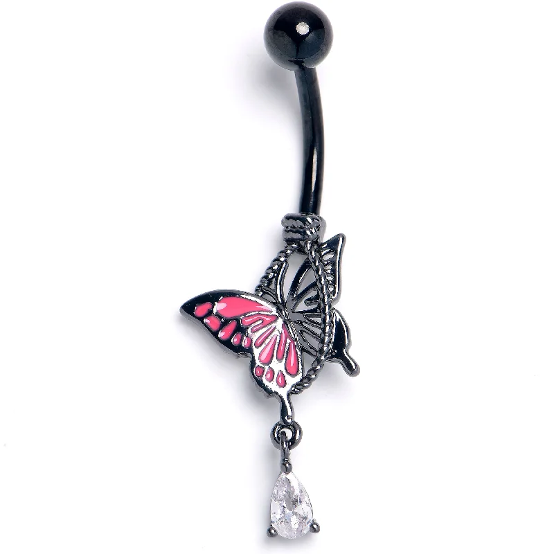 Beautiful Belly Rings with Shiny Detail -Clear Gem Black Two Tone Butterfly Noose Dangle Belly Ring Beautiful Belly Rings with Shiny Detail -Clear Gem Black Two Tone Butterfly Noose Dangle Belly Ring