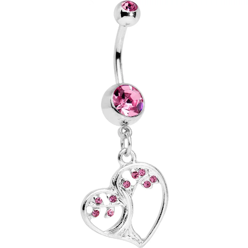 Trendy Belly Rings with Stylish Accents -Pink CZ Gem Tree of Life Heart Dangle Belly Ring Trendy Belly Rings with Stylish Accents -Pink CZ Gem Tree of Life Heart Dangle Belly Ring
