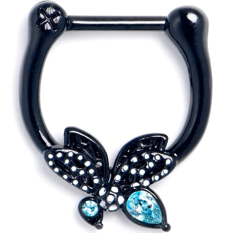 Nose Rings for Bridal Look -16 Gauge 5/16 Blue CZ Gem Black Night Drama Butterfly Cartilage Clicker Nose Rings for Bridal Look -16 Gauge 5/16 Blue CZ Gem Black Night Drama Butterfly Cartilage Clicker
