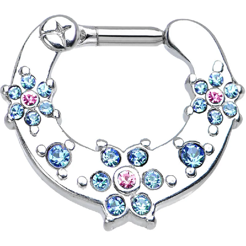 Nose Rings with Beautiful Shine -14 Gauge 1/4 Aqua and Pink Gem Flowers Septum Clicker Nose Rings with Beautiful Shine -14 Gauge 1/4 Aqua and Pink Gem Flowers Septum Clicker