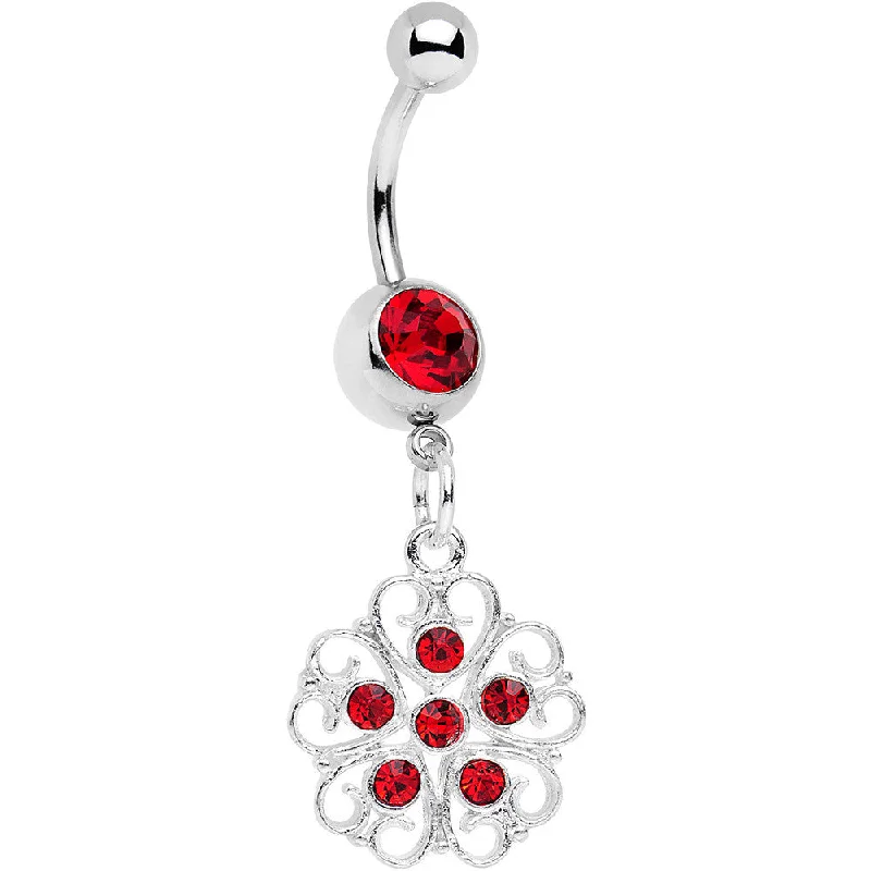 Comfortable Belly Rings for Casual Looks -Red Gem Flower Heart Dangle Belly Ring