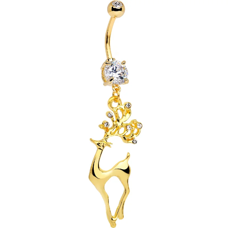 Custom Belly Rings for Exclusive Appeal -Clear CZ Gold Tone Anodized Prancing Reindeer Dangle Belly Ring Custom Belly Rings for Exclusive Appeal -Clear CZ Gold Tone Anodized Prancing Reindeer Dangle Belly Ring