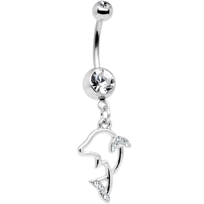 Beautiful Belly Rings with Polished Shine -Clear Gem Hollow Dolphin Dangle Belly Ring Beautiful Belly Rings with Polished Shine -Clear Gem Hollow Dolphin Dangle Belly Ring