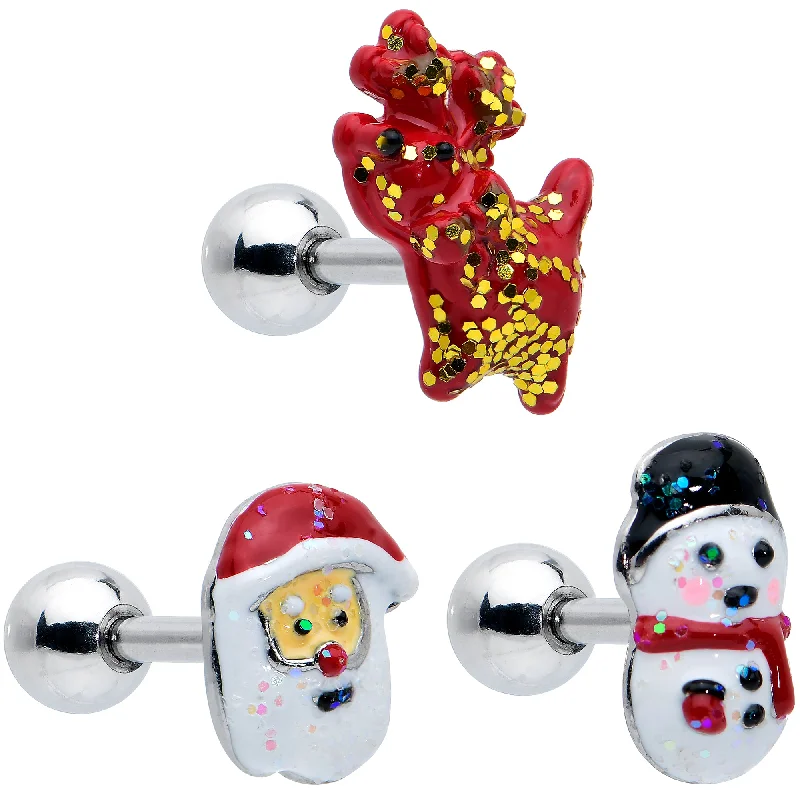 Women's Earrings – Elegant Designs for Every Personality--16 Gauge 1/4 Reindeer Snowman Christmas Cartilage Earring Set of 3